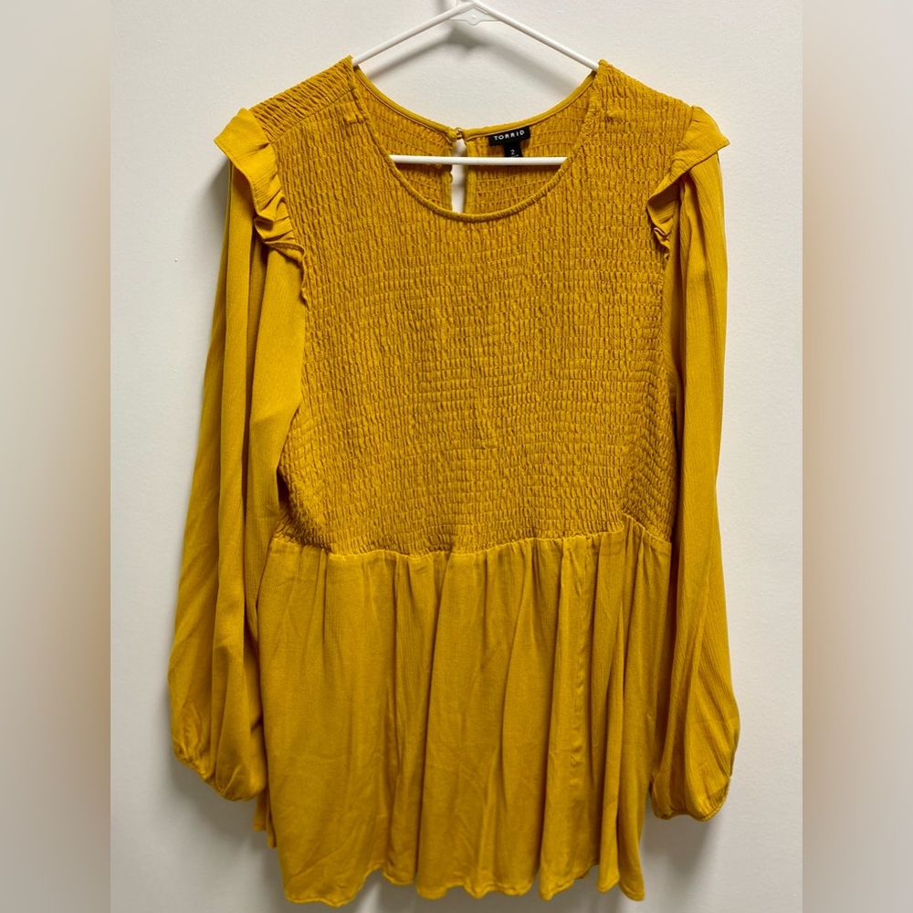 Gold Ruffled Smocked Long Sleeve Blouse